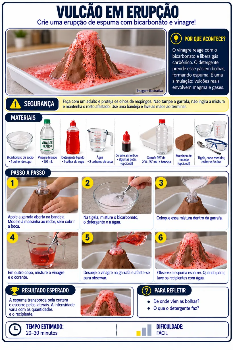 Experimento Vulcão em Erupção — ficha completa com materiais, passo a passo e resultado esperado