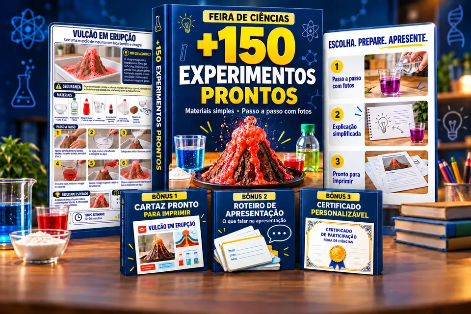 +150 Experimentos de Química prontos pra Feira de Ciências — capa do material, exemplo do Vulcão em Erupção e bônus inclusos