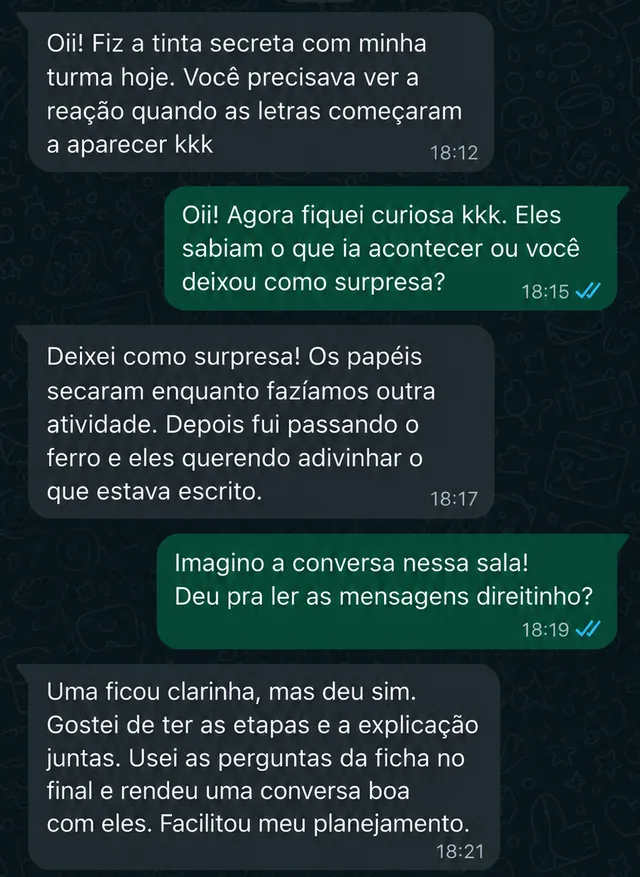 Print de conversa no WhatsApp — depoimento sobre o experimento da tinta secreta em sala de aula
